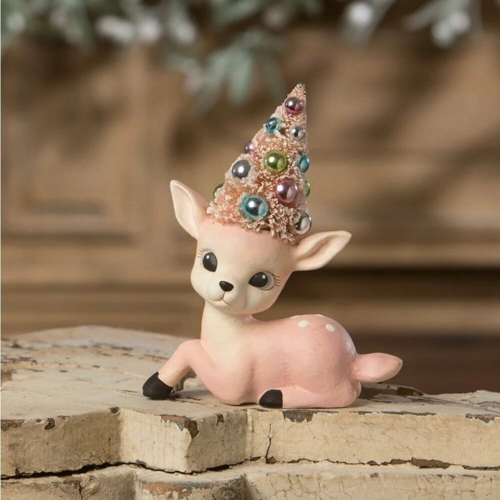 Bethany Lowe Pink Reindeer With Bottle Brush Tree Christmas Deer NEW
